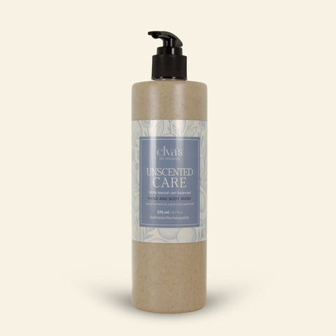 Bottle of 'Unscented Care' hand and body wash with a beige label on a beige background